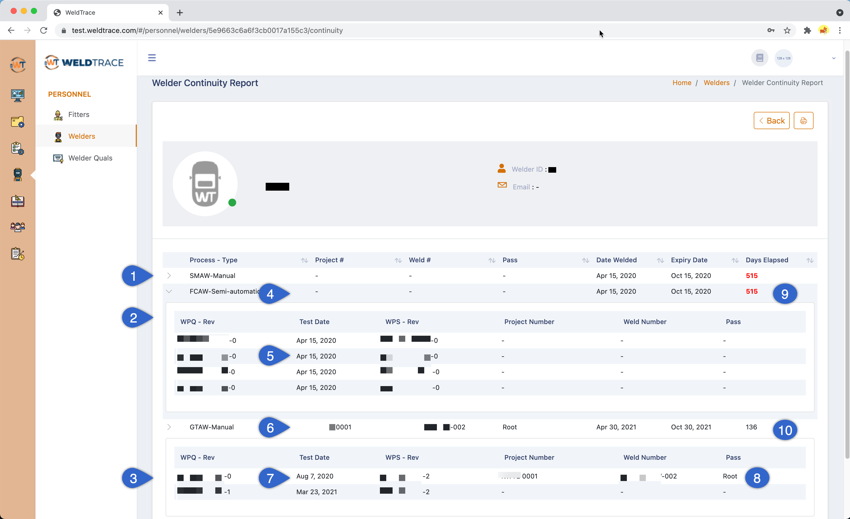 Welder continuity report in WeldTrace