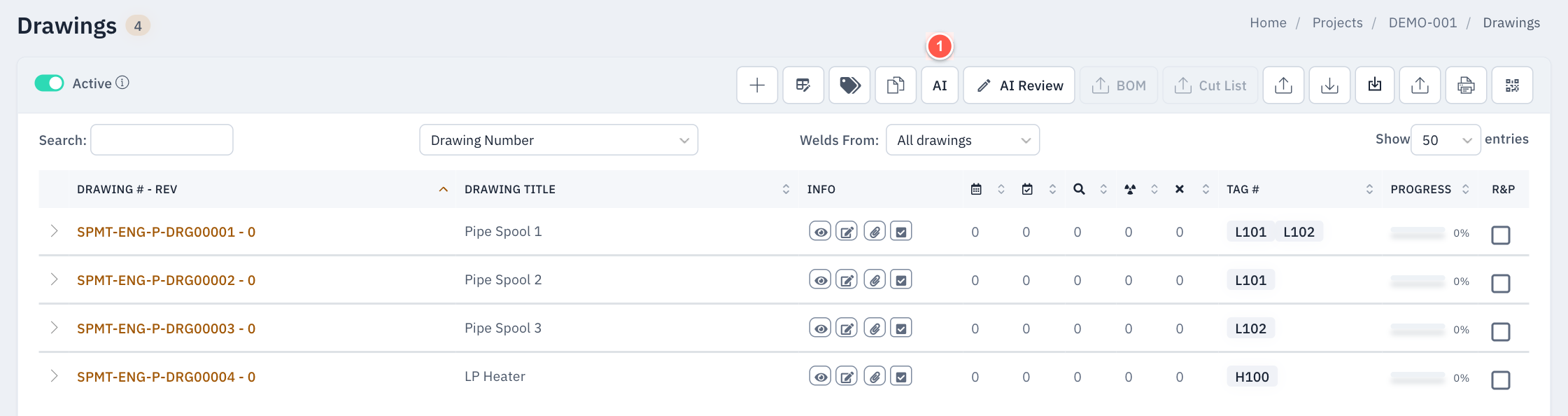Drawings list - AI button