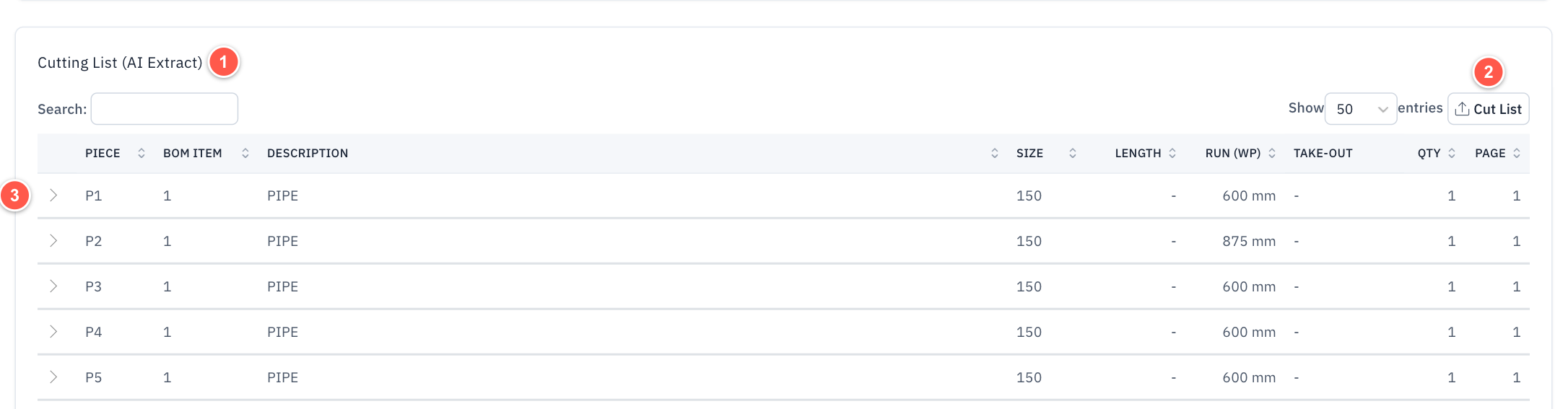 Cutting list on the drawing details page