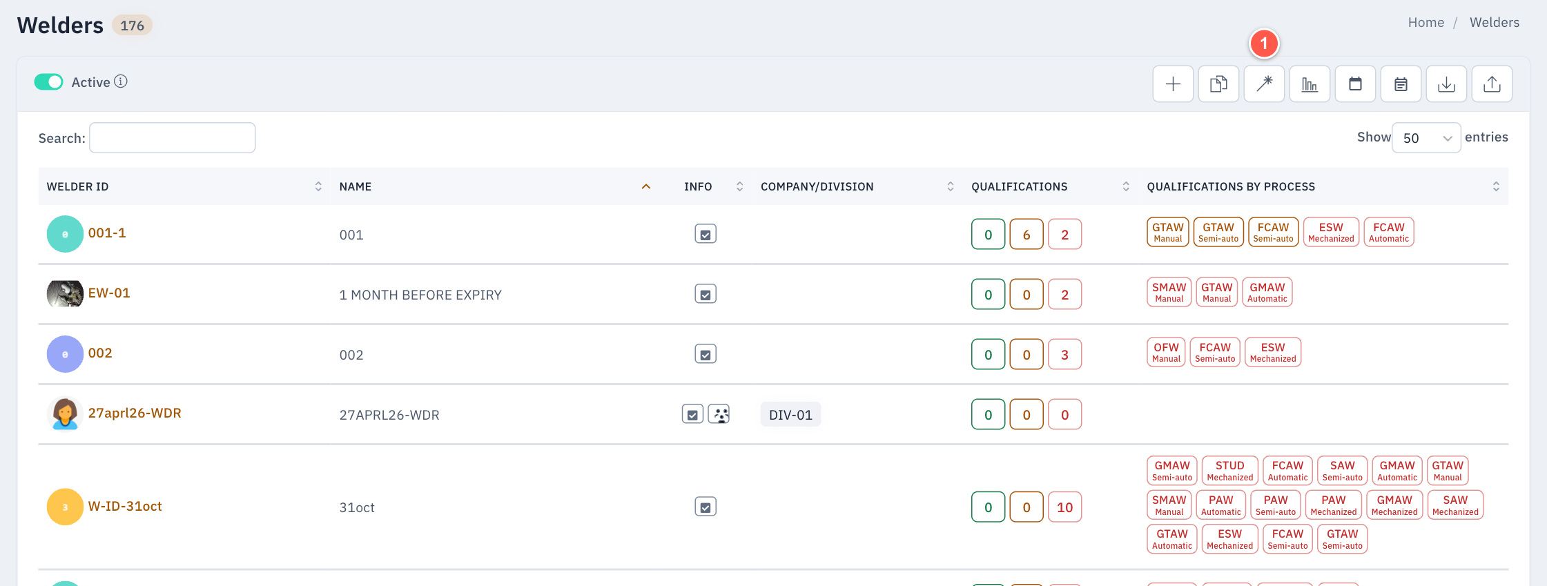 Welders list - AI import button