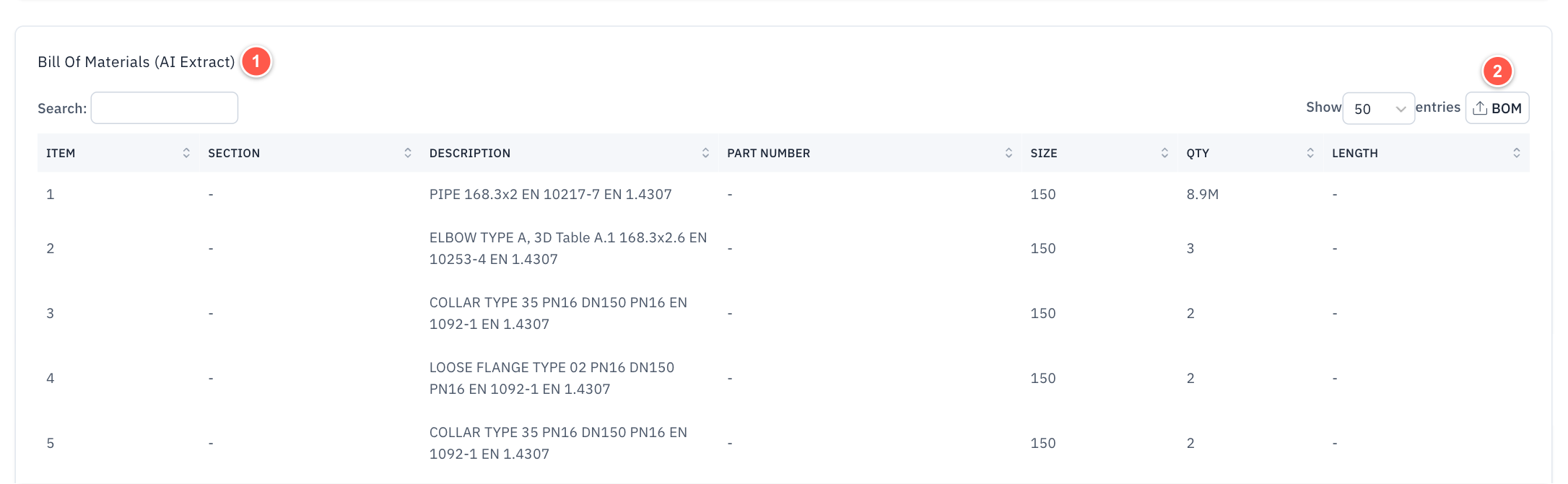 Bill of materials on the drawing details page